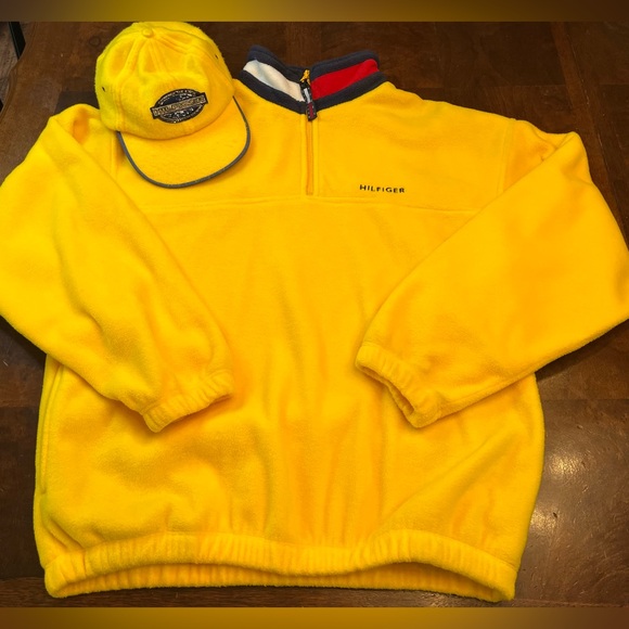 VTG Y2K 90s Tommy Hilfiger Yellow Fleece Quarter Zip Pullover Large Matching Hat